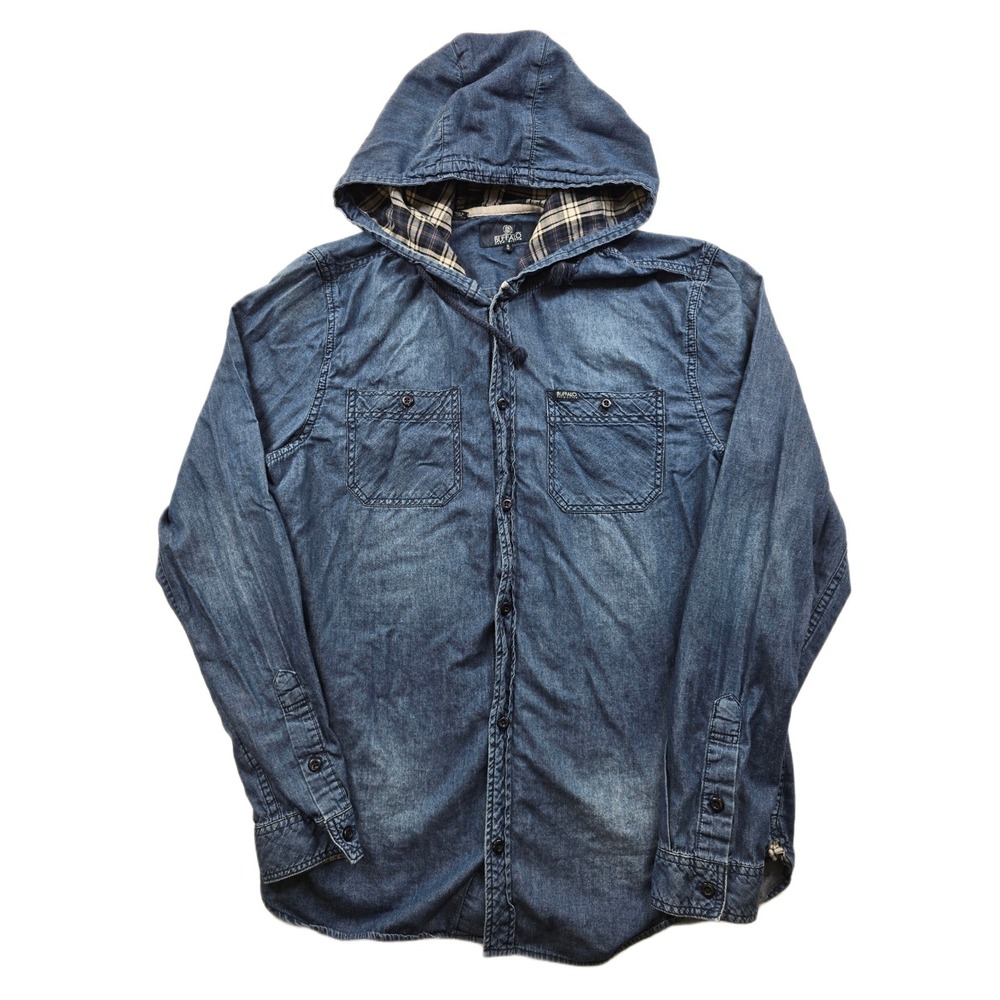 Buffalo David Bitton Chambray Hooded Shirt Mens‎ Small Blue Cotton Plaid Lined